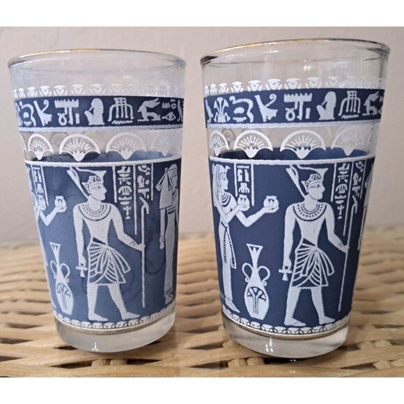 Hazel Atlas Vintage Set of 2 MCM Egyptian Wedgewood Blue Glasses 5 oz.  FLAW - Picture 1 of 7